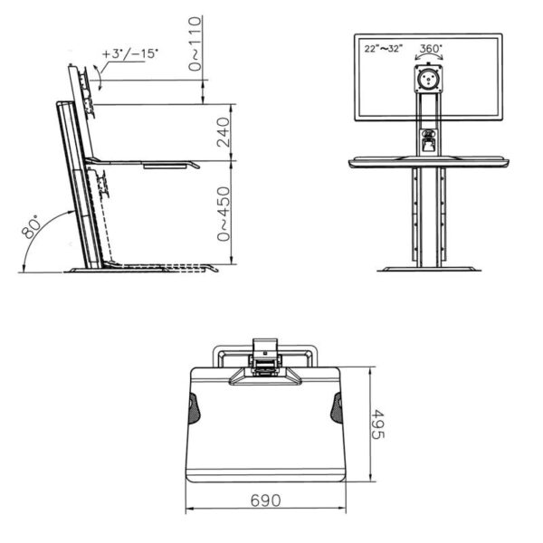 ST15- Postazione di lavoro per postura seduta/eretta con supporto monitor 22″-32″
